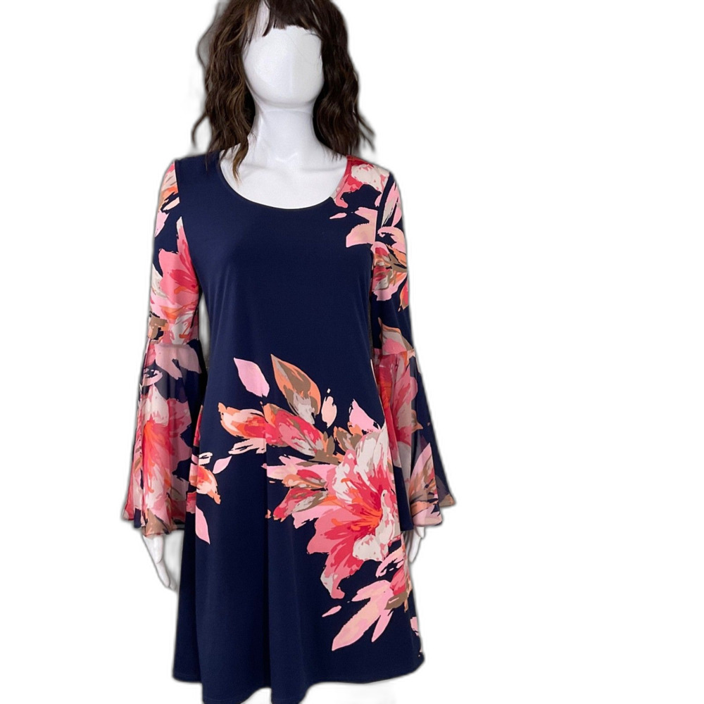 MSK Shift Dress women’s M blue pink Floral Knee Length Bell Sleeves Boho USA